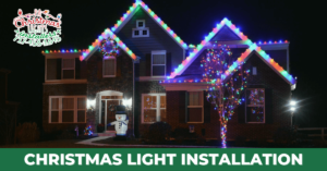 Home with professional Christmas light installation, featuring colorful lights outlining the roof, a wreath, and a snowman decoration. "Christmas Lights Installers" text visible.