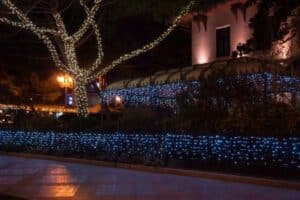 Night scene featuring commercial Christmas lighting: a tree wrapped in warm white lights, blue lights lining a fence and building, and reflections on the wet pavement.
