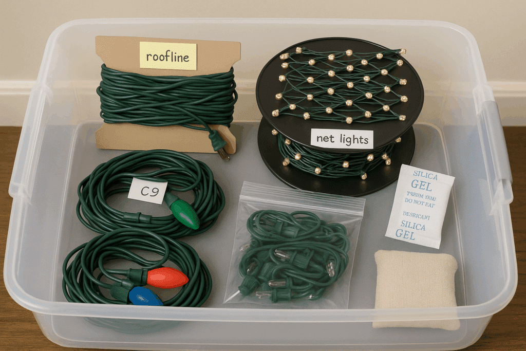 Holiday lights storage: clear plastic bin filled with neatly organized Christmas lights, including roofline lights on a cardboard spool, net lights on a black spool, C9 bulbs, and silica gel packets to prevent moisture damage.