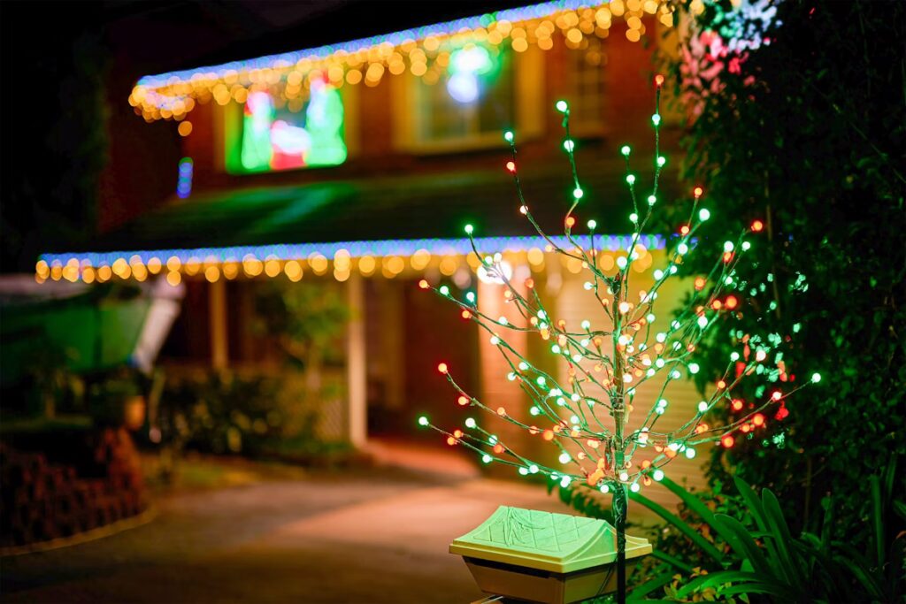 Festive holiday scene: A small, illuminated decorative tree glows with red and green lights in the foreground, contrasting with a house adorned with blue and gold Christmas lights in the background.