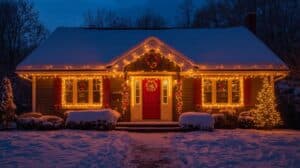 A cozy home covered in snow is decorated for Christmas, with warm lights outlining the windows and doors. Wreaths adorn the entrance, showcasing an example of installing Christmas lights around windows and doors.