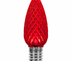 A close-up of a single, vibrant red C9 LED Christmas light bulb with a faceted surface and a silver base, used for hanging Christmas lights on rooflines.