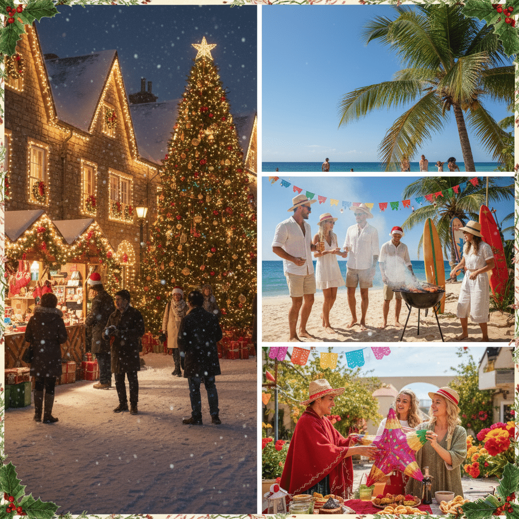 Generated Image November 14, 2025 11 02AM (1) Festive scenes showing Christmas traditions around the world: a snowy Christmas market, a beach barbecue with friends, and a vibrant Mexican celebration with colorful decorations.