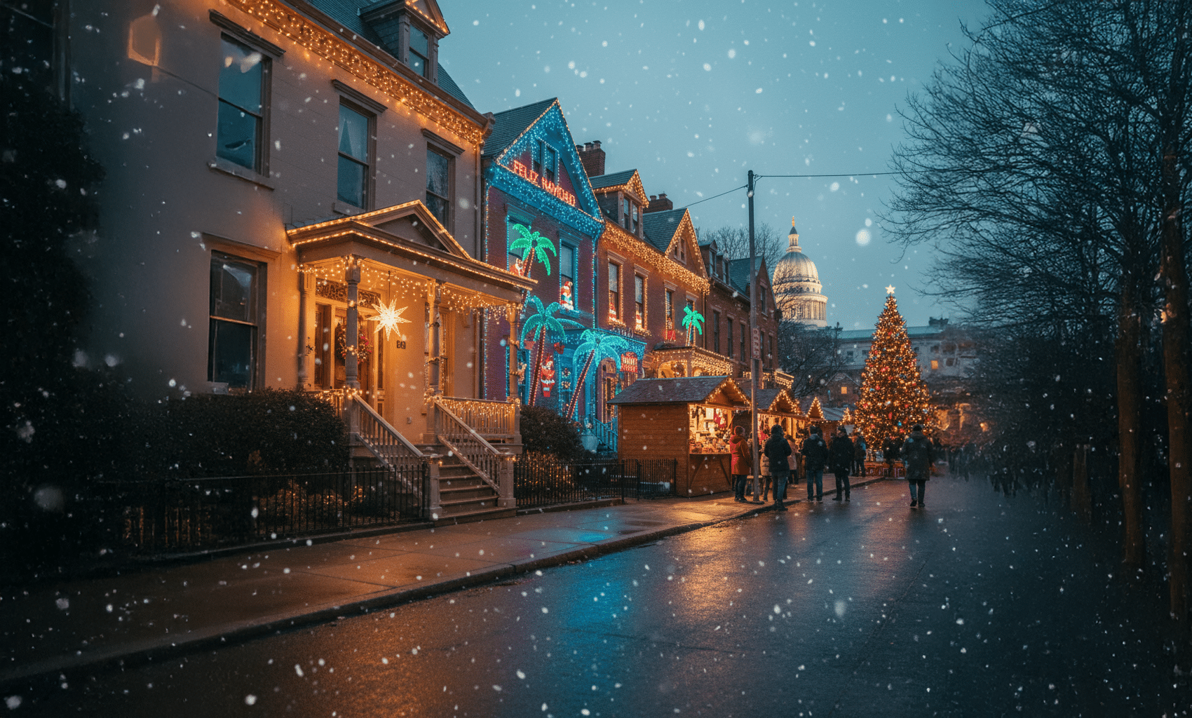 Festive houses adorned with Christmas lights, including palm tree motifs and "Feliz Navidad" text, line a snowy street leading to a Christmas tree and a domed building in the distance. Celebrating Seasonal Spirit.