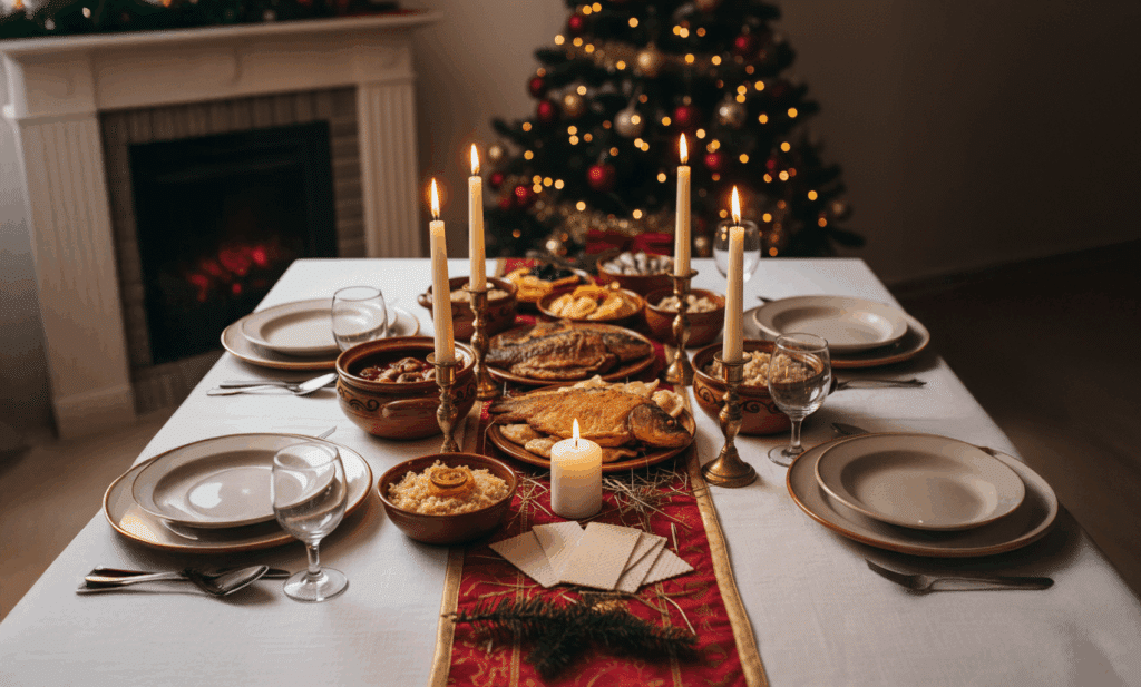 Festive Christmas Eve dinner table set with traditional Polish dishes, candles, and a decorated tree. Celebrating seasonal spirit with a warm, inviting atmosphere.
