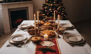 Festive Christmas Eve dinner table set with traditional Polish dishes, candles, and a decorated tree. Celebrating seasonal spirit with a warm, inviting atmosphere.