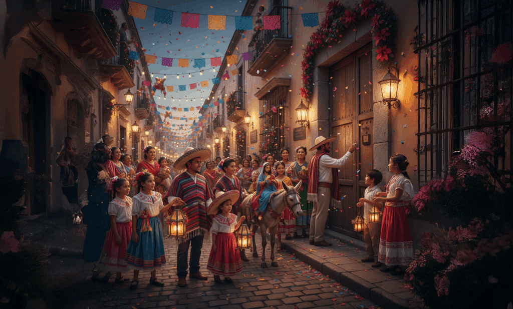 Festive Christmas Traditions in Mexico: A vibrant procession with families, children, and a donkey adorned with decorations, passes through a cobblestone street lined with colorful papel picado and poinsettias.