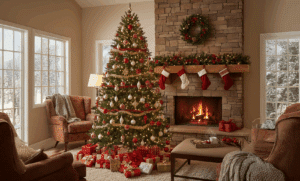 Festive living room featuring a traditionally decorated Christmas tree with red and gold ornaments, surrounded by wrapped gifts. A stone fireplace with stockings and a wreath adds to the warm, cozy holiday ambiance.