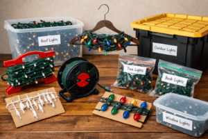 Christmas lights storage: Tubs and spools neatly organize "Roof Lights," "Outdoor Lights," "Tree Lights," "Bush Lights," and "Window Lights" on a wooden surface, showcasing how to store Christmas lights tangle-free.