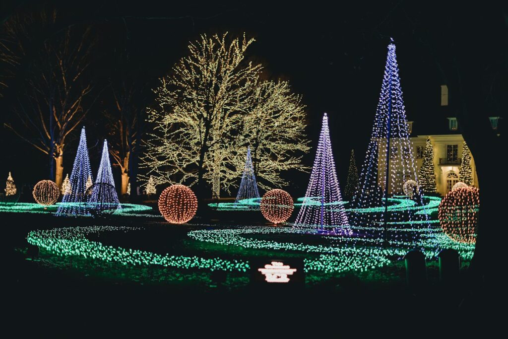 An outdoor Christmas display features illuminated trees, tall light cones and glowing spheres surrounded by green lights.