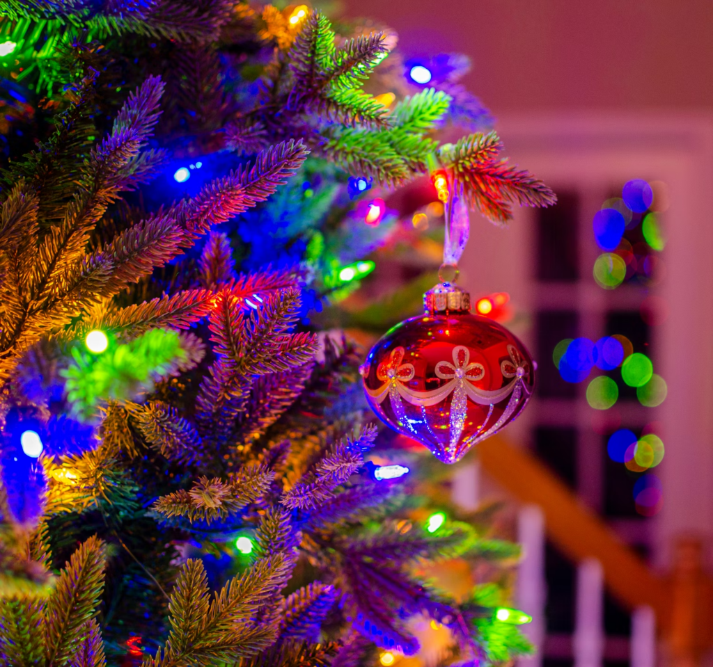 A red ornament hangs from a Christmas tree branch surrounded by multicolored lights.
